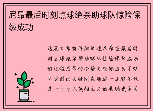 尼昂最后时刻点球绝杀助球队惊险保级成功